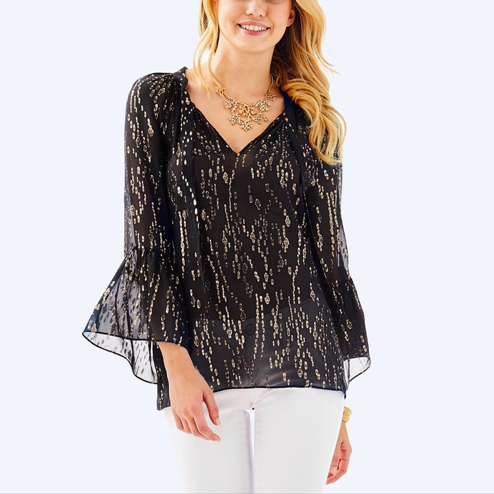 NWT Lilly Pulitzer Matilda Black Gold Sheer Top